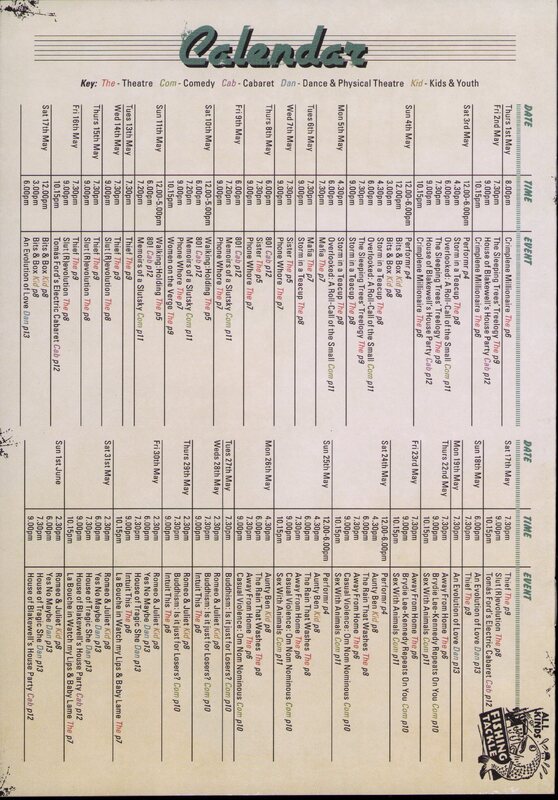 Table of heavy, small print black text showing date and time for each event, under the green title 'Calendar' at the top.