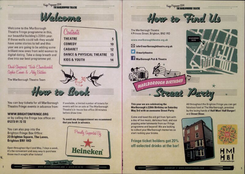 Four sections of information split across two pages of off-white. At bottom right is 'Street Party' in green, under a pink banner reading 'MARLBOROUGH BIRTHDAY'. A photograph shows a four storey red brick building. Black text reads 'This year we are celebrating the Marlborough's 220th Birthday on Saturday May 3rd with an awesome Street Party.'