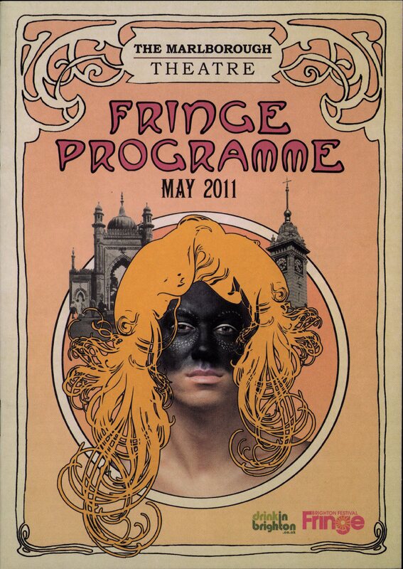 This is a cover for The Marlborough Theatre Fringe Programme in May 2011. The poster has a vintage Art Nouveau aesthetic with swirling decorative borders in shades of pink and cream. The background is a warm peachy-orange.

The central element is a portrait of a person with their face painted black above the mouth. The person has long, flowing, bright orange hair stylised with curly lines. Behind the person's head are two architectural images of Brighton pavilion and Brighton Clocktower in grey.

Above the central portrait, the text reads "THE MARLBOROUGH THEATRE" in dark lettering against a lighter background. Below this, the words "FRINGE PROGRAMME" are prominently displayed in large, stylized, dark pink letters. Beneath this, the date "MAY 2011" is written in smaller, black text.