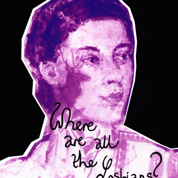 Font of a flyer for the 'Where are all the Lesbians' exhibit at Brighton Museum and Art Gallery, 3 Oct - 28 Feb 2027. Purple graphic of a woman's portrait on black background, overlayed with text reading 'Where are all the lesbians?'
