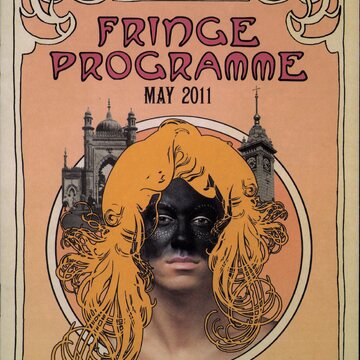 This is a cover for The Marlborough Theatre Fringe Programme in May 2011. The poster has a vintage Art Nouveau aesthetic with swirling decorative borders in shades of pink and cream. The background is a warm peachy-orange.

The central element is a portrait of a person with their face painted black above the mouth. The person has long, flowing, bright orange hair stylised with curly lines. Behind the person's head are two architectural images of Brighton pavilion and Brighton Clocktower in grey.

Above the central portrait, the text reads "THE MARLBOROUGH THEATRE" in dark lettering against a lighter background. Below this, the words "FRINGE PROGRAMME" are prominently displayed in large, stylized, dark pink letters. Beneath this, the date "MAY 2011" is written in smaller, black text.