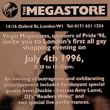 Black background with beige text details the dates, timings, location and events of the Gay Shopper's Evening