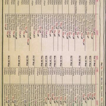 Calendar listing of events from May 5th to May 30th in a table of heavy, small black text. The events include plays, workshops, and other performances with their respective dates, times, and prices.